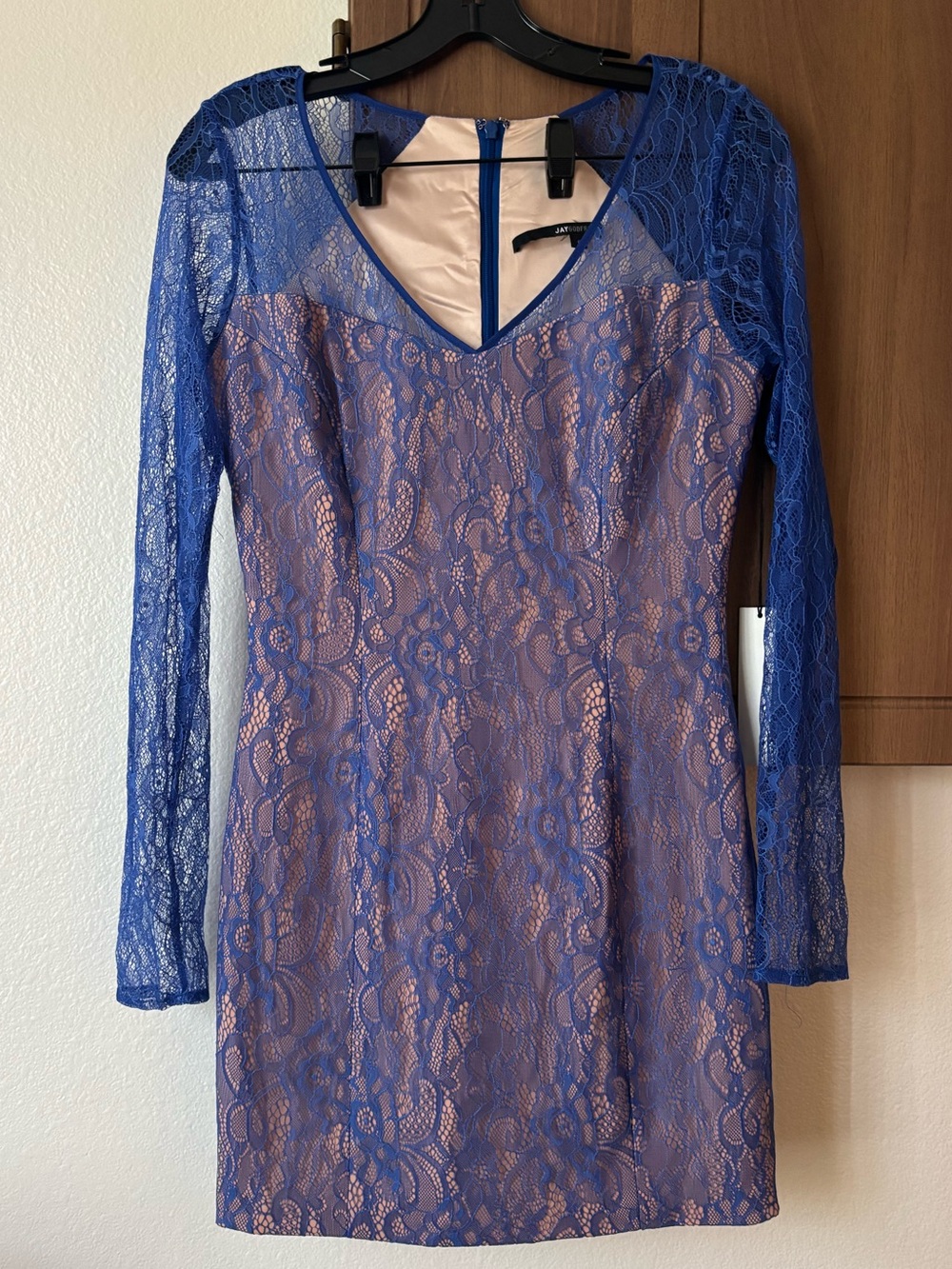Jay Godfrey -Blue Lace Long-Sleeve V-Neck Dress